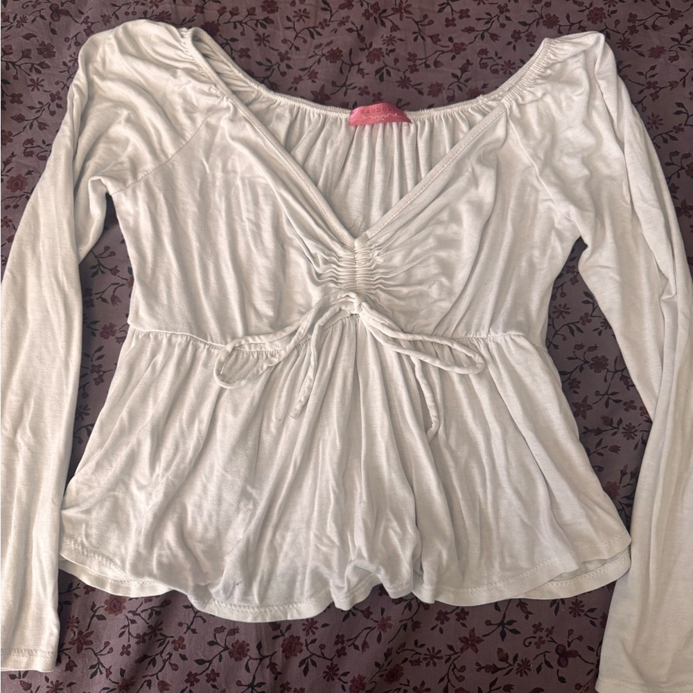 Ragdoll White Long-Sleeve V-Neck Tie-Front Blouse